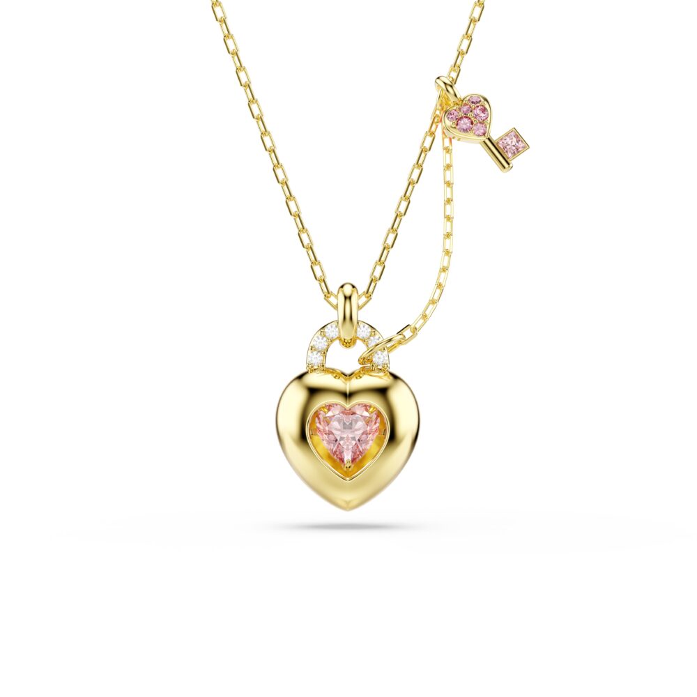 Idyllia pendant, Mixed cuts, Heart, Key, Pink, Gold-tone plated